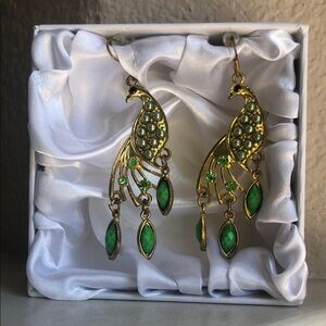Elegant Gold and Green Peacock Earrings